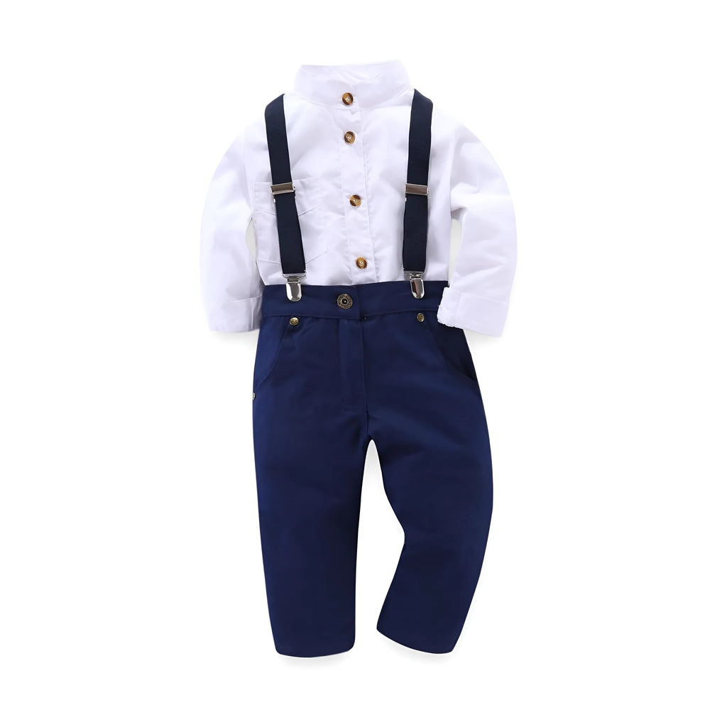 Blue European style boys suit for children, plain design, sizes 90cm to 130cm.