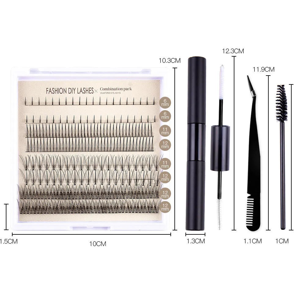 DIY false eyelash glue suit set with segmented artificial fibre lashes and dual-colour glue with brush tweezers