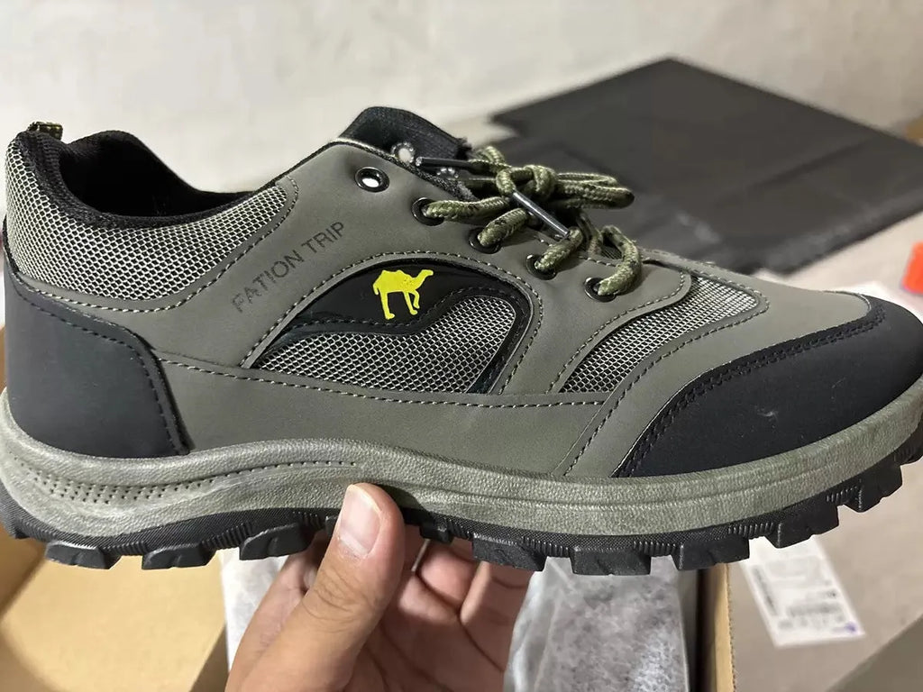 Men's outdoor hiking shoes with wear-resistant sole, low top, front lace-up, artificial leather upper, in black, green, and khaki colours