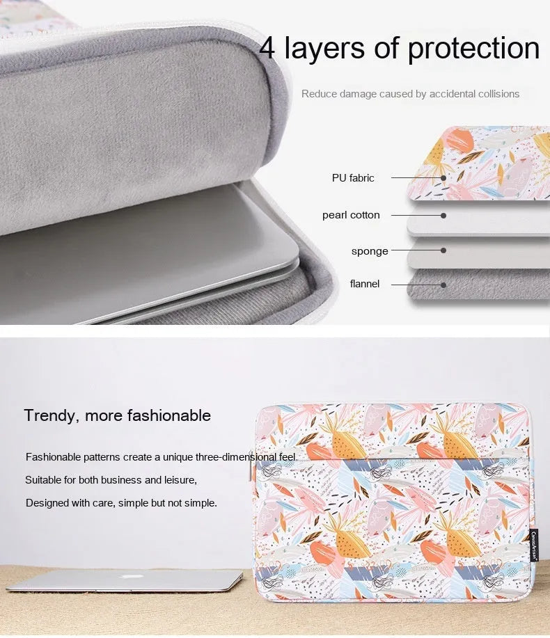 White PU leather waterproof laptop inner bag showing multiple size options from 11 to 15 inches