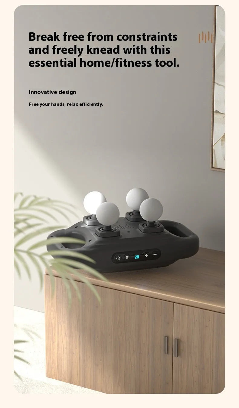 Rechargeable high-power four-head massager in black with multi-gear adjustment and Type-C charging port