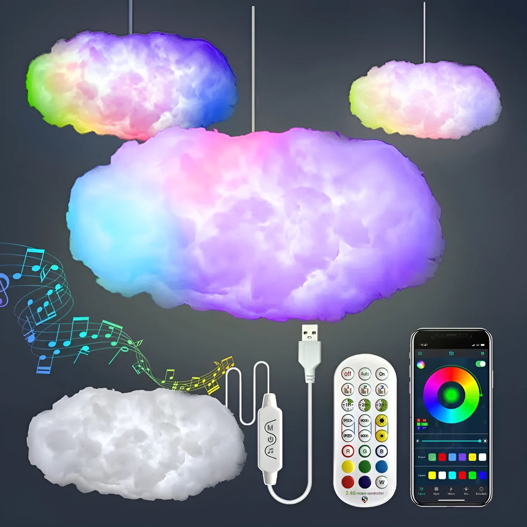 White fabric cloud-shaped pendant light with colourful RGBIC LED lighting and a USB cable.