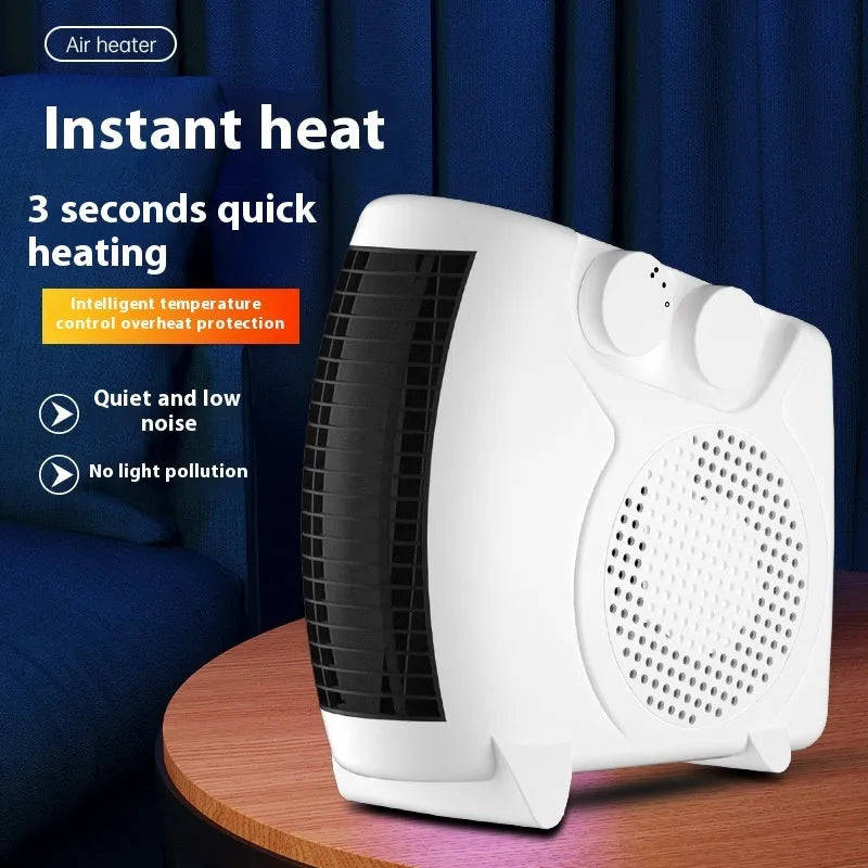 White compact electric heater with power controls for desktop or small room use