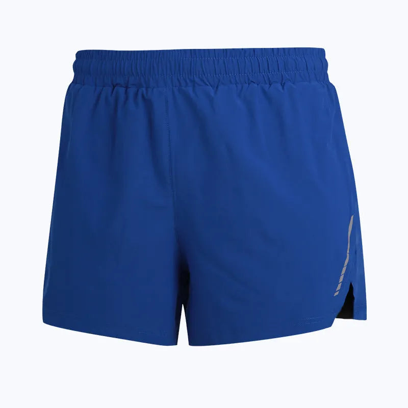 Man wearing grey quick-dry straight-leg polyester running shorts for marathon training.