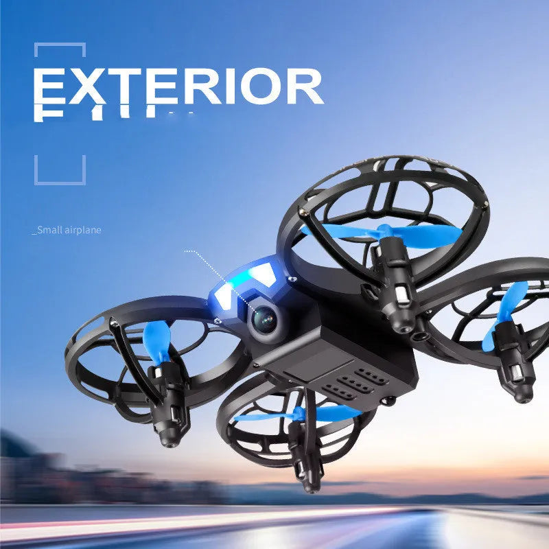 Blue and orange V8 mini RC drone quadcopter with propellers, showing remote control and storage bag.