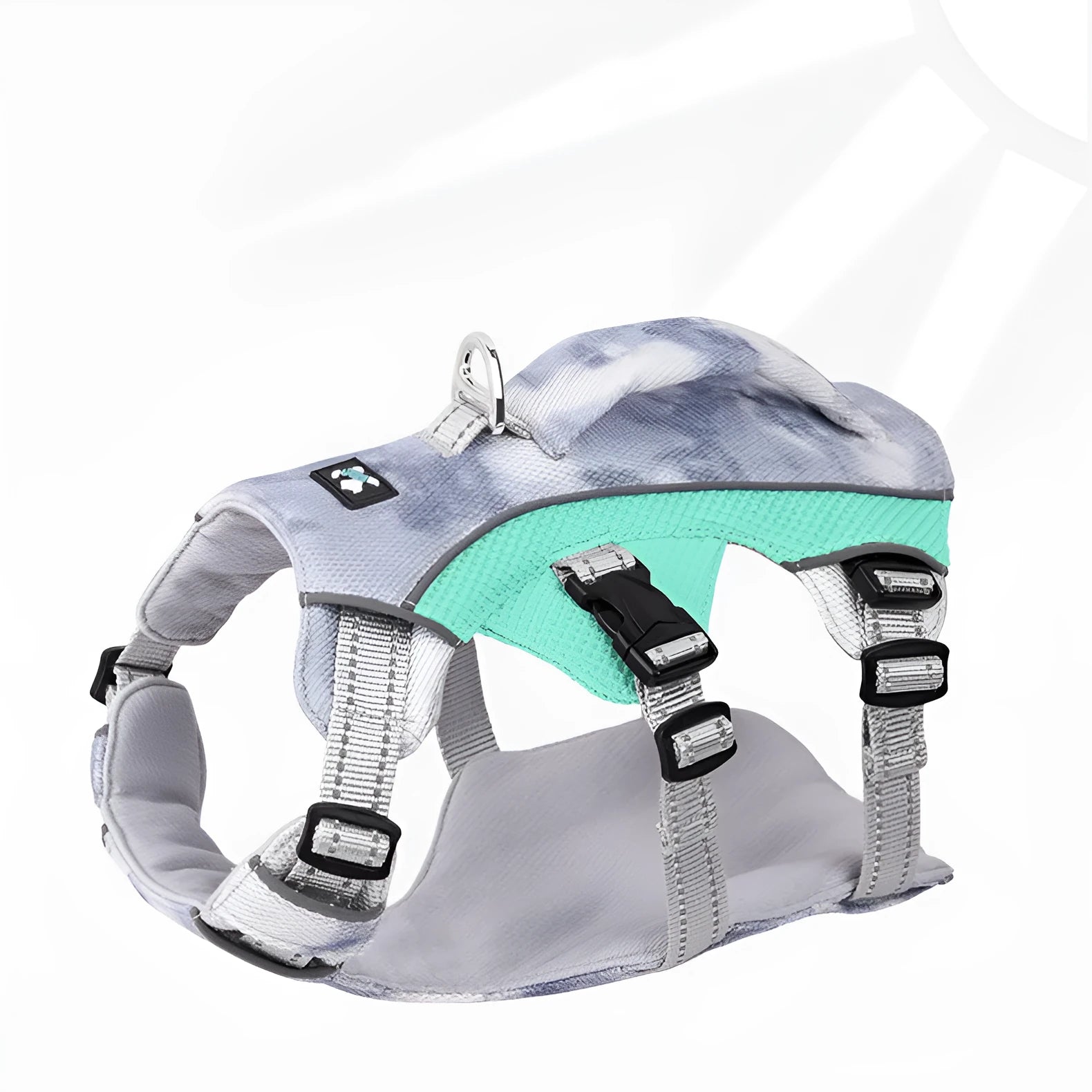 Reflective pet cooling chest strap harness for dogs in light blue, on a model.