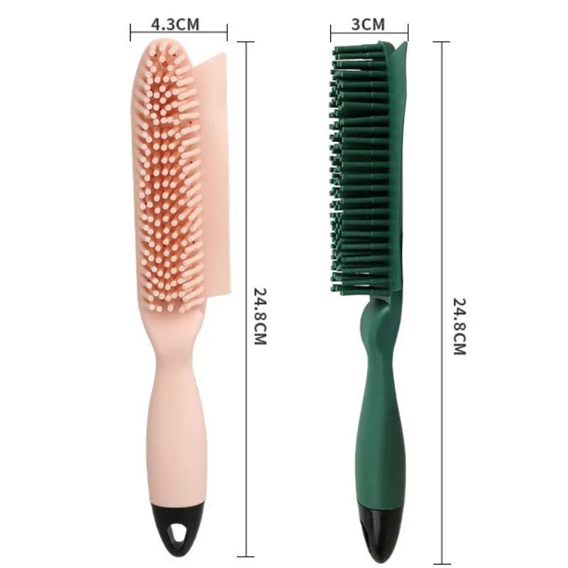 Green and pink dog brush with rubber bristles and pet hair remover function