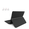Black ultra-thin flip-style Bluetooth keyboard case open, showing keyboard and iPad slot.
