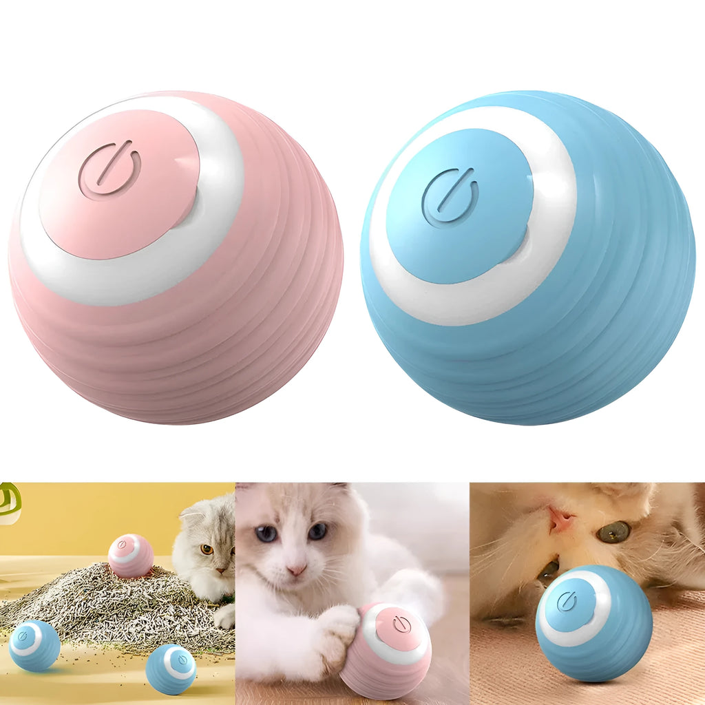 Blue rechargeable automatic moving cat toy ball on floor with charging cable