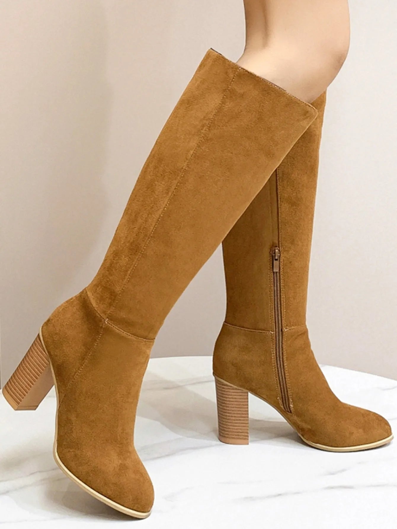 Women's black square toe high heel boots with block heel in artificial PU leather