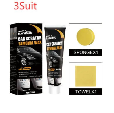 Car scratch wax polish kit with 120ml bottle, application sponge, and microfibre towel