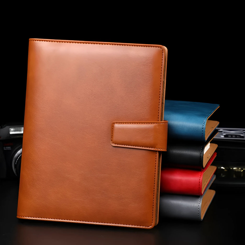 A5 hardcover leather buckle notebook in black, blue, brown, grey, or red with binder binding