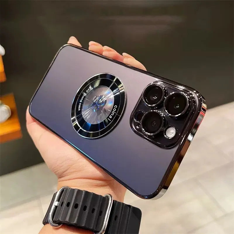 Magnetic hard shell iPhone case with lens protector in dark purple, PC material, all-inclusive design for iPhone 12 to 15 Pro Max.