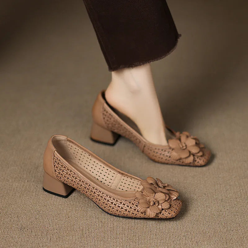 Women's light brown woven leather pumps with hollow pattern and mid-heel