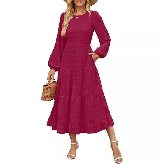 Women's long sleeve casual dress with ruffle sleeves and high waist in beige colour