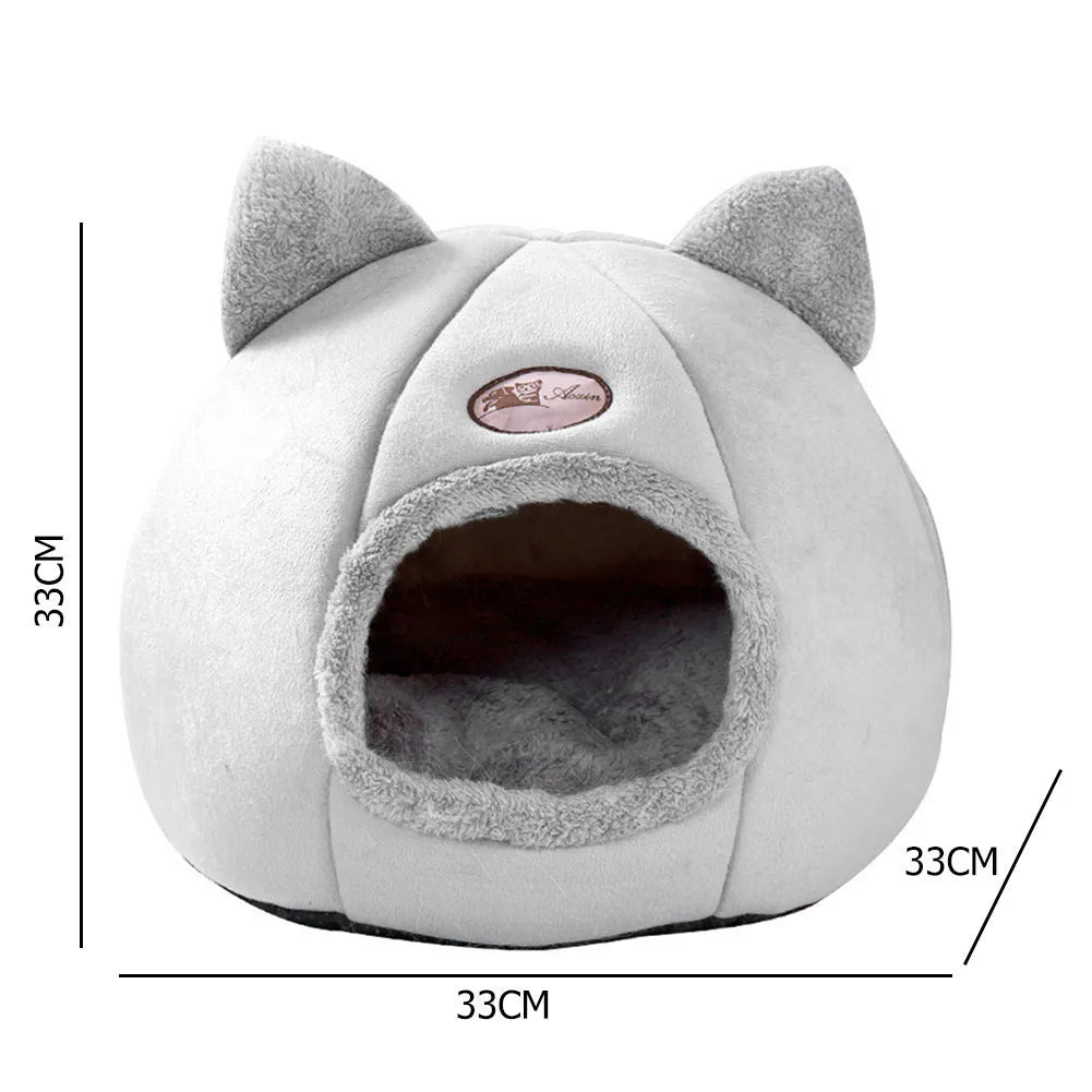 Grey fleece enclosed cube cat bed with entrance hole, shown in small, medium, and large sizes.