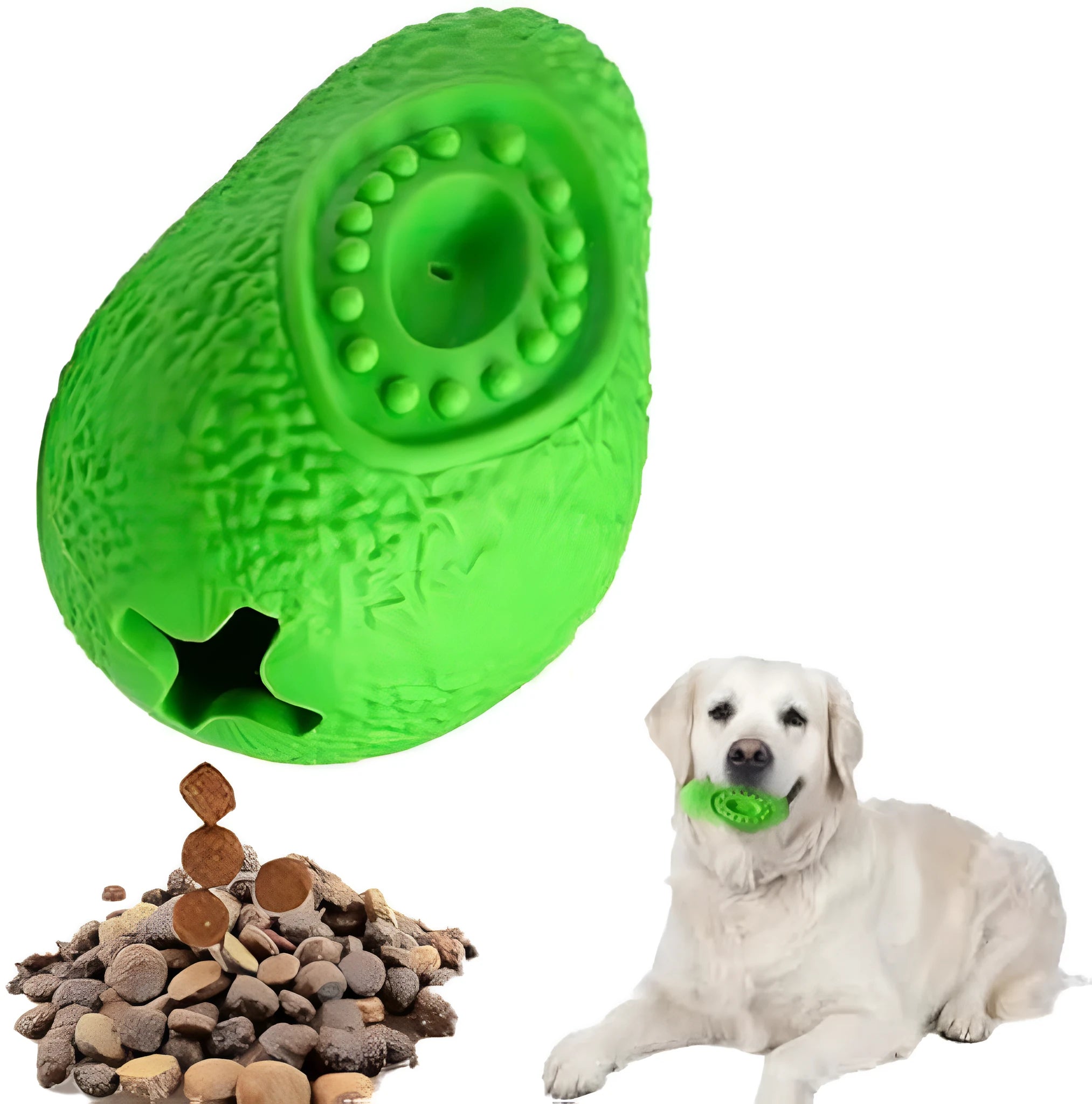 Green avocado-shaped rubber chew toy for dogs on a white background.