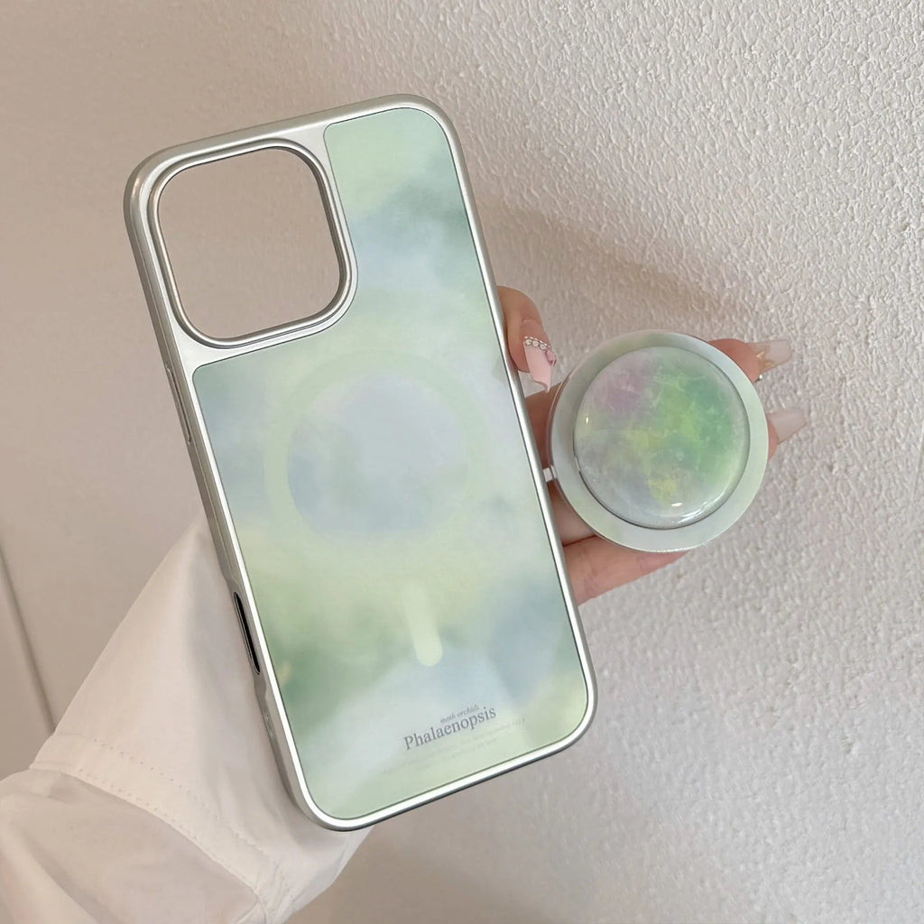 Green stone pattern phone case with silver electroplated edge and magnetic suction bracket for Apple iPhone