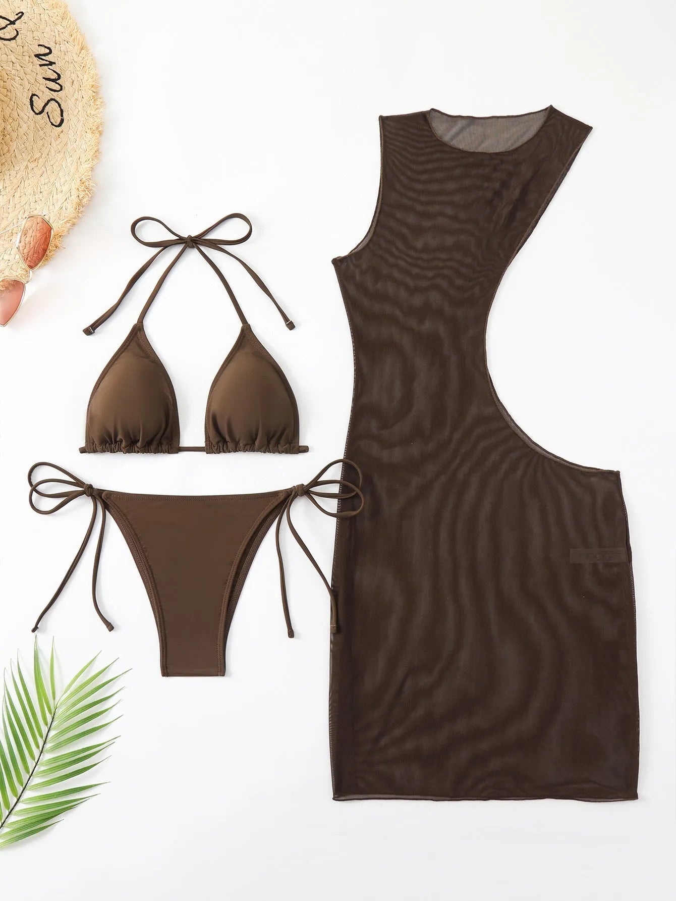 Brown solid colour women's three-piece swimsuit set with bra, shorts and blouse