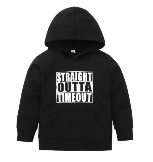 Black children's hooded sweater with white letter pattern, long sleeves, and a pullover neck.
