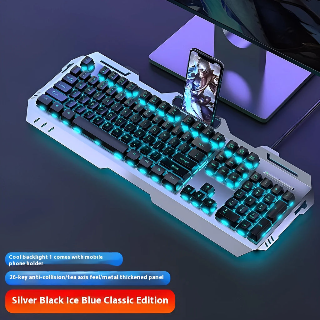 G9 mechanical gaming keyboard with aluminium frame and control knob in silver black, white ice blue, or gray rainbow colours