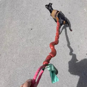 Brown sausage chew toy sewn into a 108cm soft rope dog lead with a grip tape section.