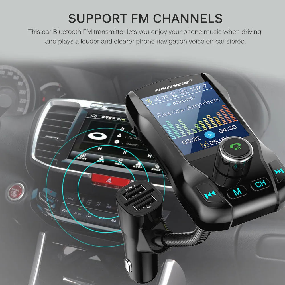 Black car FM transmitter with Bluetooth and a colour screen, showing dual USB ports and a flexible hose.