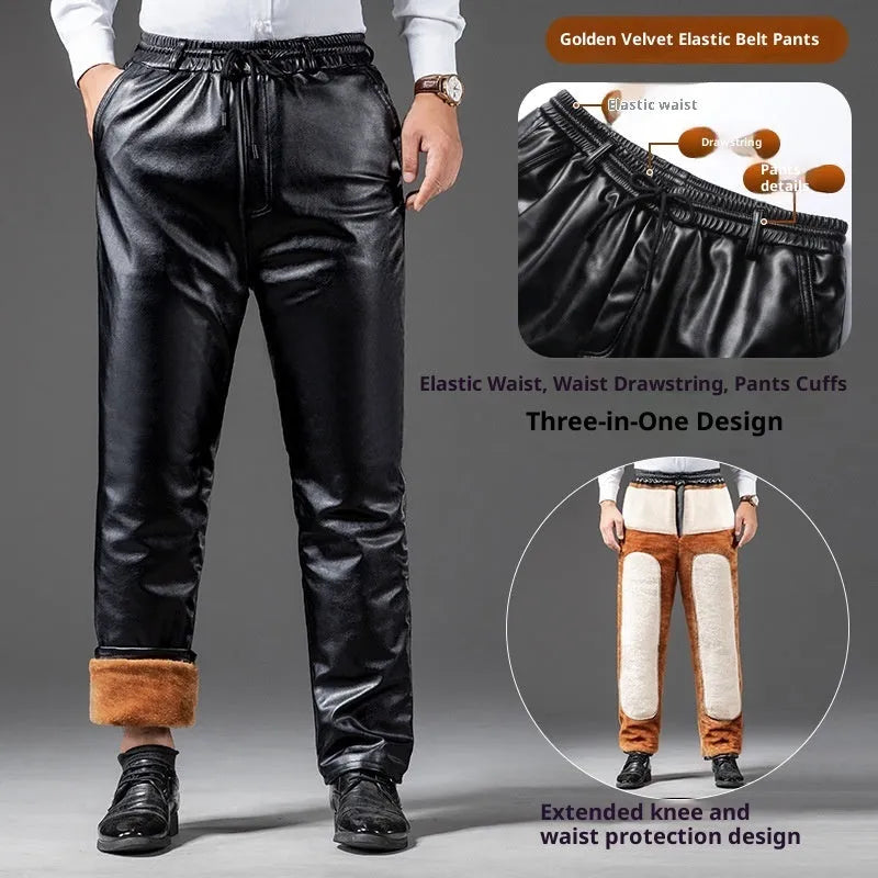 Men's fleece-lined thickened PU leather winter coat, loose wide fit, 65cm medium length, thickened top colour