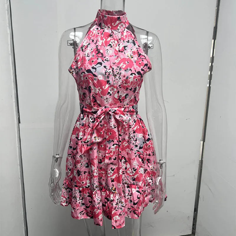 Flowers print halterneck lace-up ruffled dress for women, polyester, pink colour