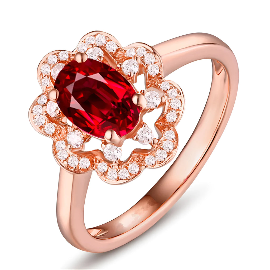 Silver rose gold adjustable ring with synthetic ruby stone on white background