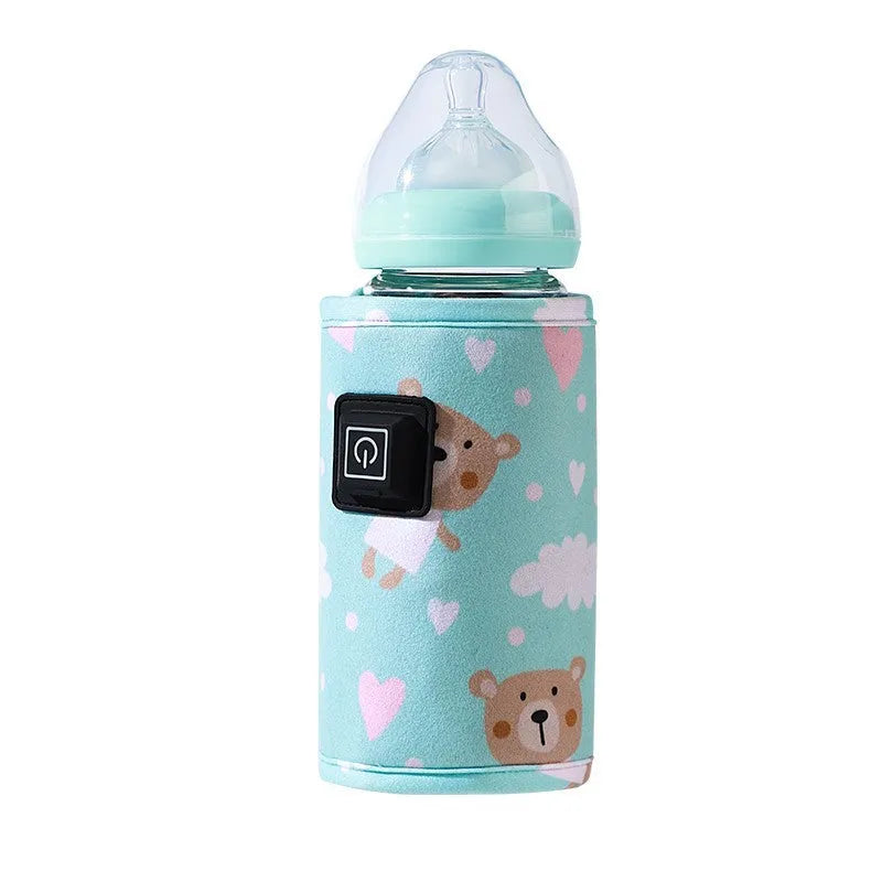 USB-powered baby bottle insulation cover in blue dinosaur design with thermostatic heating