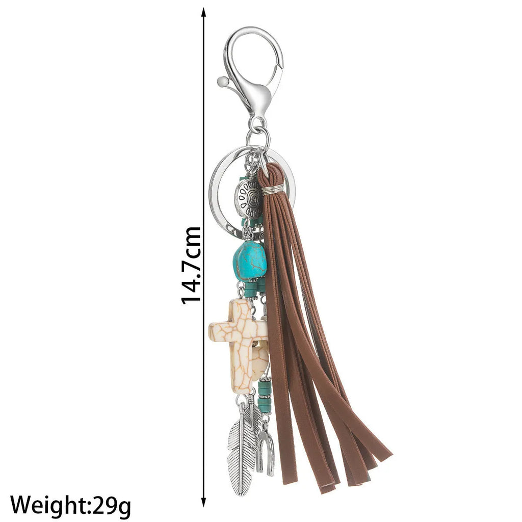 Retro cross alloy keychain pendant with leather rope tassel in colour XY-3669 for suitcase or bag decoration