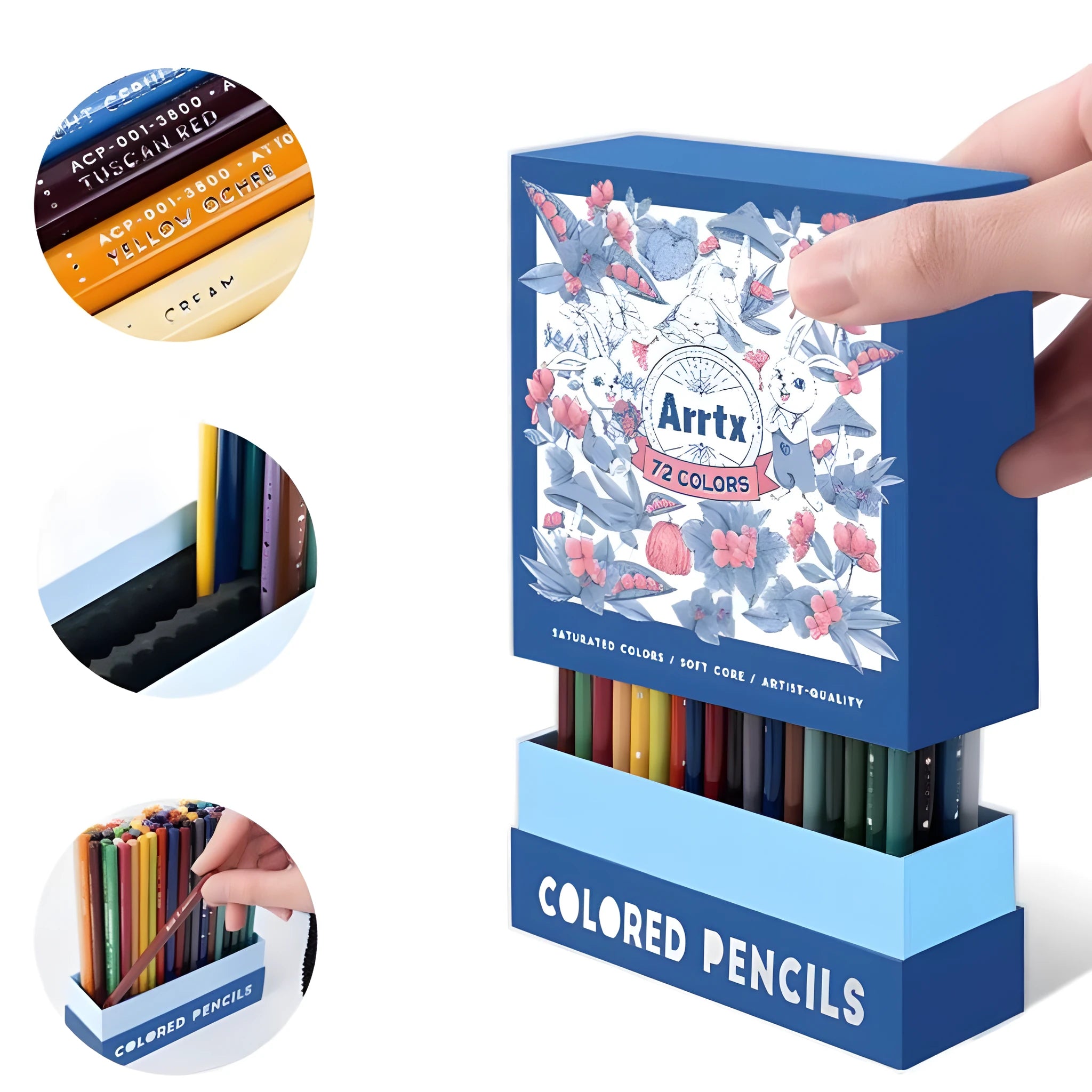 Boxed set of 72 colour pencils for art students and beginners, showing range of colours.