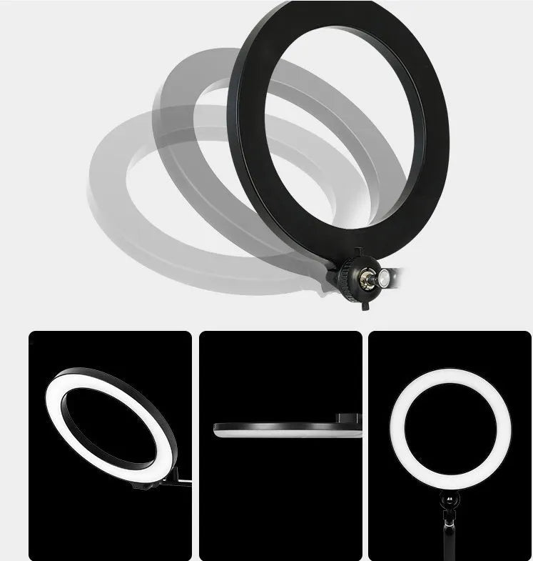 Black aluminium floor stand with fill light holding a mobile phone for video shooting.