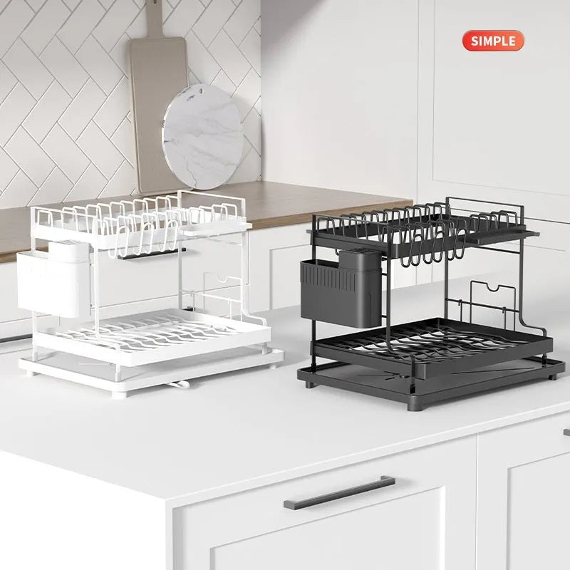 White double-layer kitchen storage rack with carbon steel construction and draining base