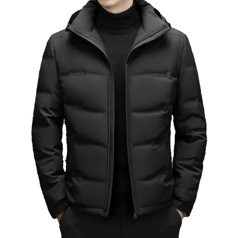 Men's thick down jacket in black with detachable hood, white duck down filling, loose fit