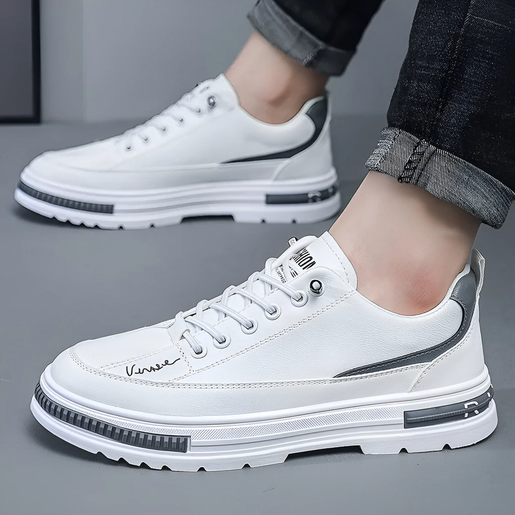 Men's white platform sneakers with elastic band closure and round toe design
