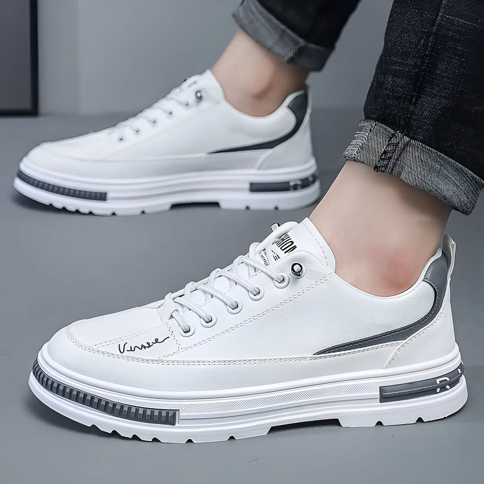 Men's white platform sneakers with elastic band closure and round toe design