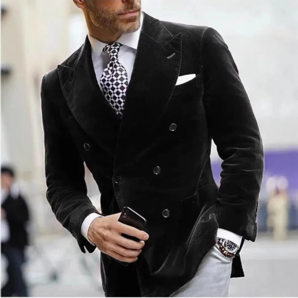Men's slim-fit single coat suit jacket in black with two buttons, business formal style, cotton polyester blend, front and side view