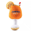 Yellow plush beer bottle squeaky dog toy for interactive play and teeth cleaning.