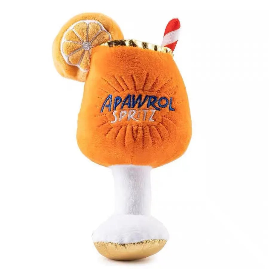 Yellow plush beer bottle squeaky dog toy for interactive play and teeth cleaning.