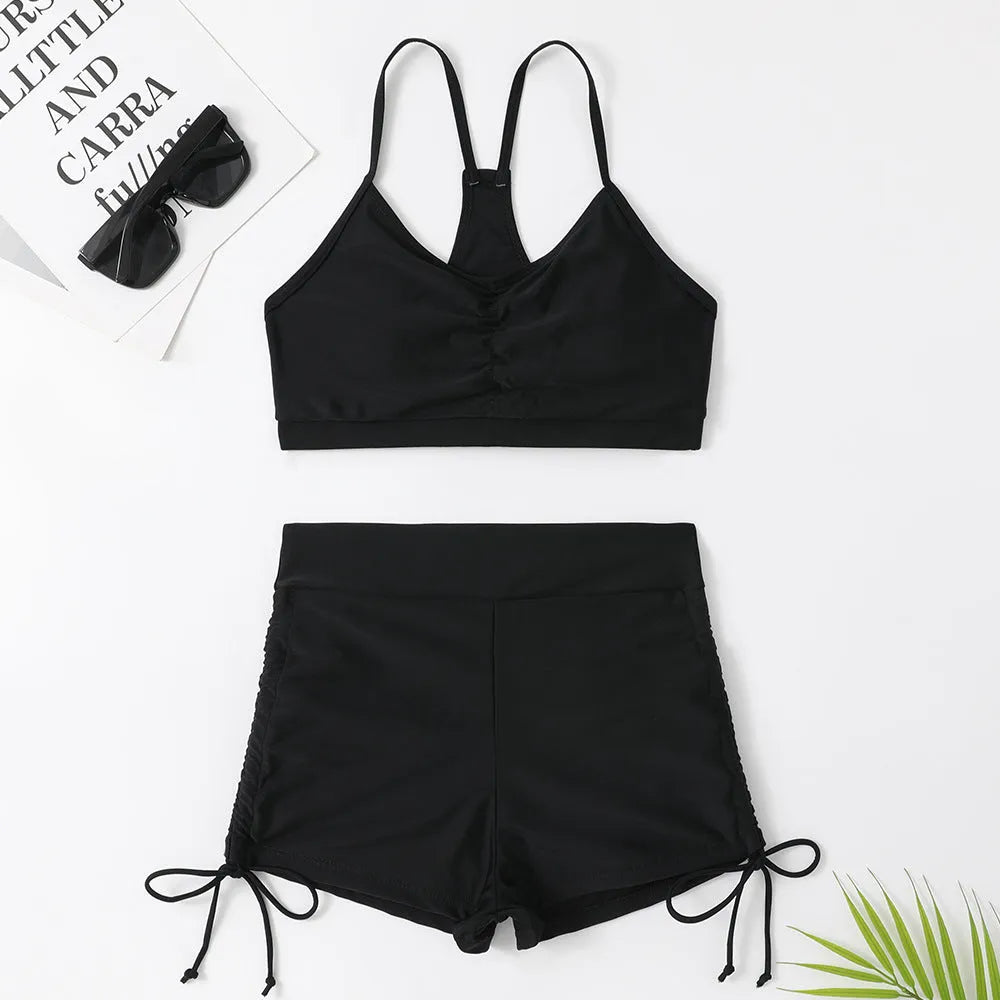Women's solid purple high waist split swimsuit bikini two-piece set on mannequin
