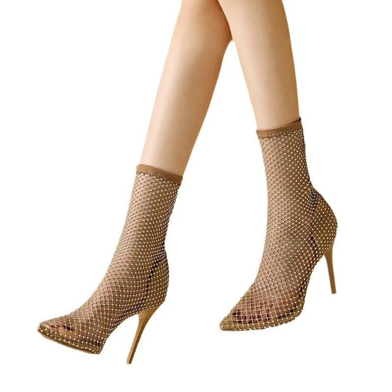Gold mesh stiletto high heel sandals with pointed toe and slip-on design