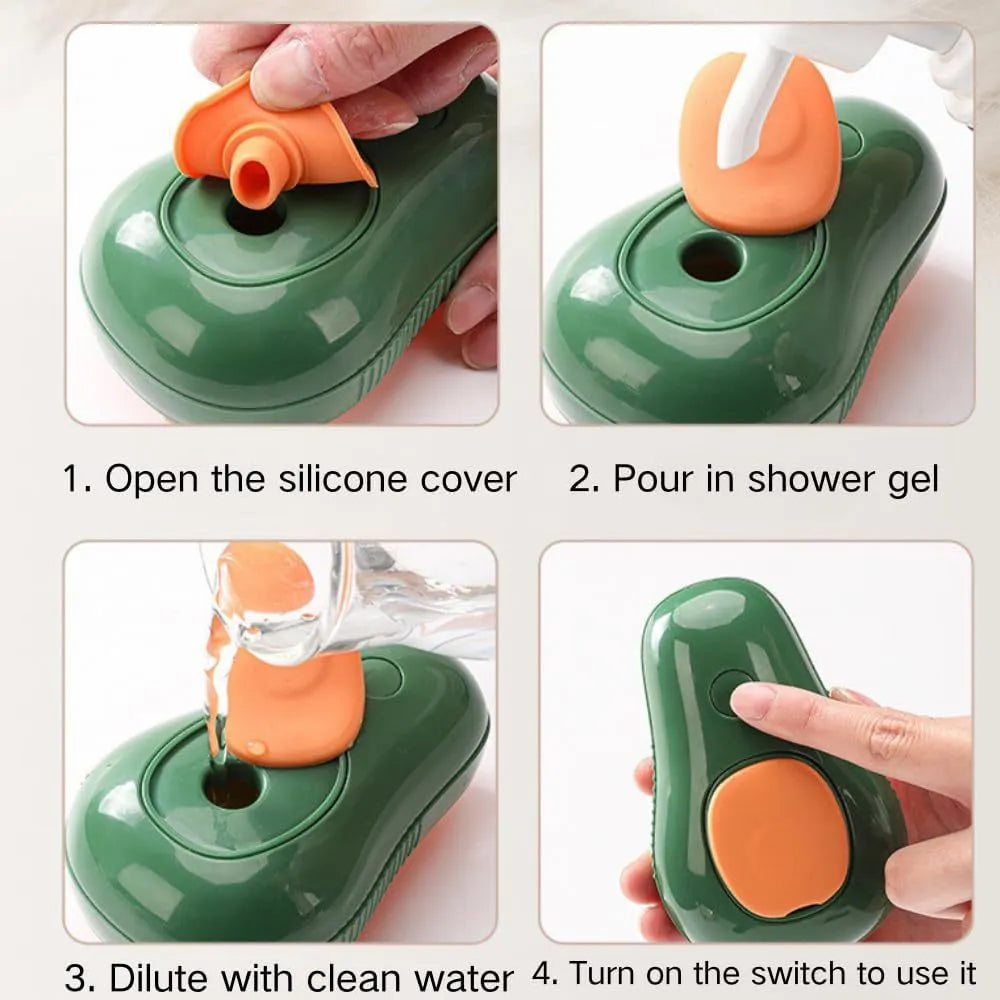 Green and white rechargeable 3-in-1 cat steam brush with silicone teeth and water spray nozzle.