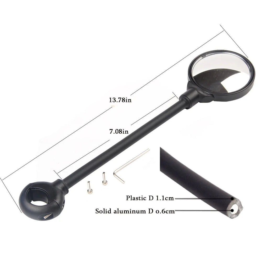 Black metal bicycle rearview mirror with hose adjustment mechanism and reflector