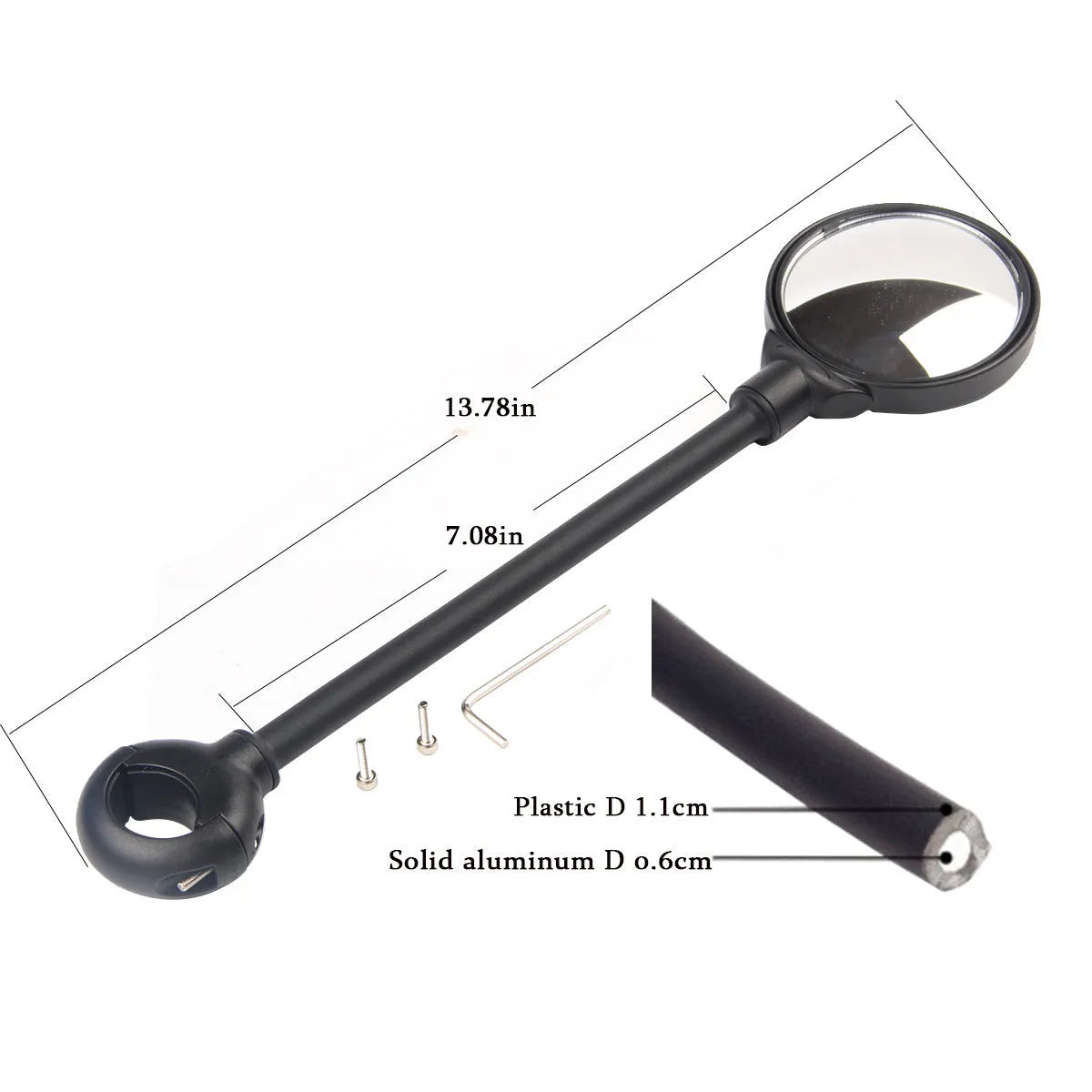 Black metal bicycle rearview mirror with hose adjustment mechanism and reflector
