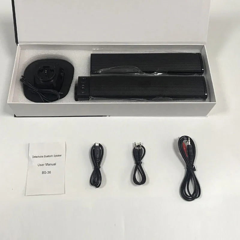 Black foldable split TV Bluetooth speaker with plastic casing showing button controls
