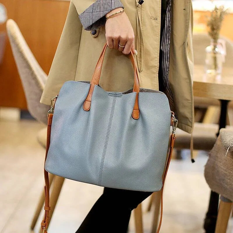Women's soft cattle hide leather tote bag vertical square shape shoulder bag in flax blue colour