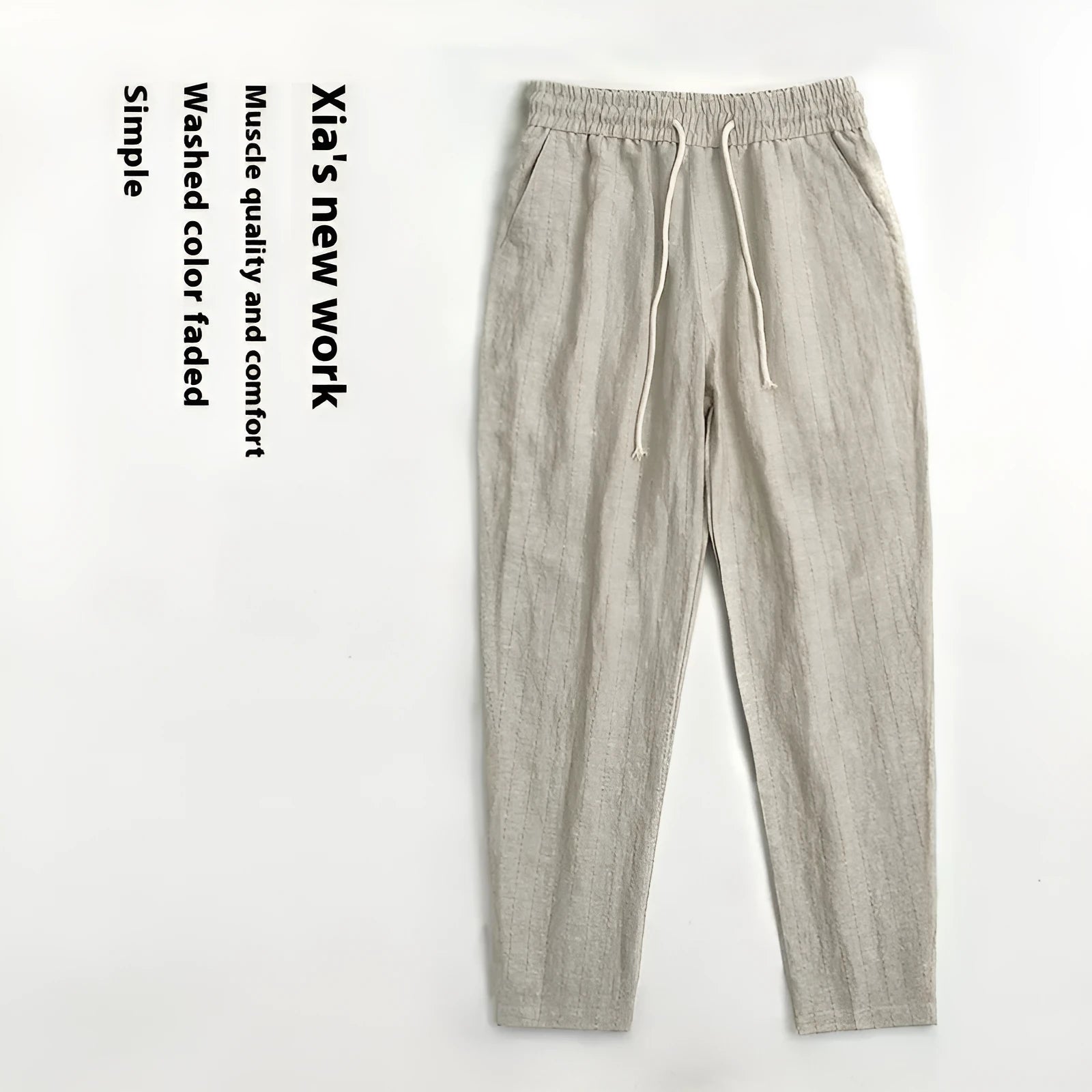 Men's lightweight linen casual trousers with stripe pattern and cropped leg length