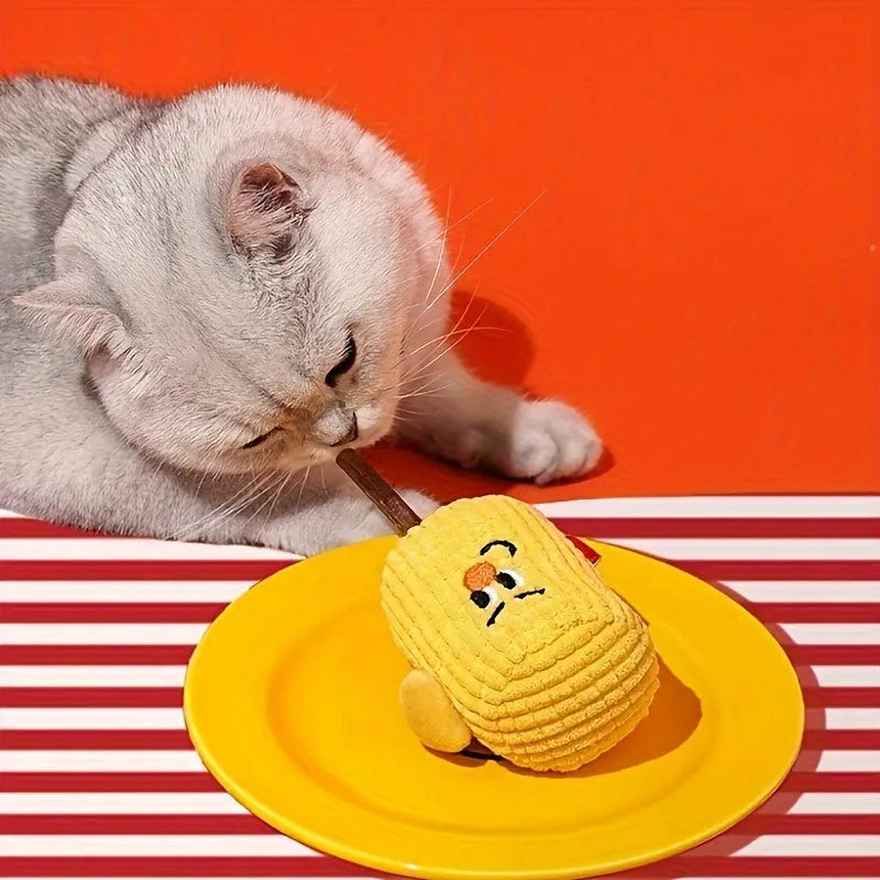 Corn cob shaped cat dental chew toy made from polioprene wood with textured surface